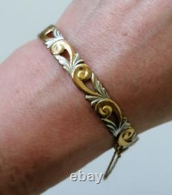 9ct Rolled Gold Bangle Scrolling Foliate Etched Hinged Yellow White