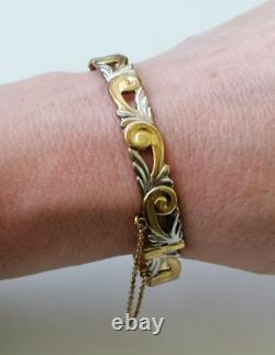 9ct Rolled Gold Bangle Scrolling Foliate Etched Hinged Yellow White