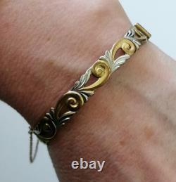 9ct Rolled Gold Bangle Scrolling Foliate Etched Hinged Yellow White
