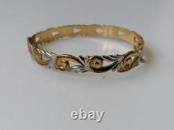 9ct Rolled Gold Bangle Scrolling Foliate Etched Hinged Yellow White