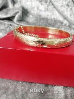 9ct Rolled Gold, Vintage, Foliate Bangle, Safety Chain 11.2grams (vgc)