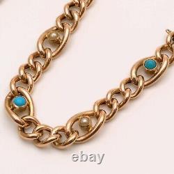 9ct Rose Gold Antique Turquoise and Pearl Curb Bracelet