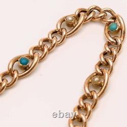 9ct Rose Gold Antique Turquoise and Pearl Curb Bracelet