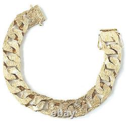 9ct Solid Gold Men's Bracelet Barked Square Curb Yellow 12mm Wide 57g 7.5 Inches