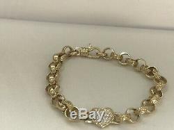 9ct Solid Gold heart with CZ Belcher Link Bracelet 14.7 grams, 7.5 length