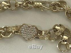 9ct Solid Gold heart with CZ Belcher Link Bracelet 14.7 grams, 7.5 length