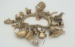 9ct Solid Yellow Gold Charm Bracelets Vintage Used 97.8g Bracelet with Charms