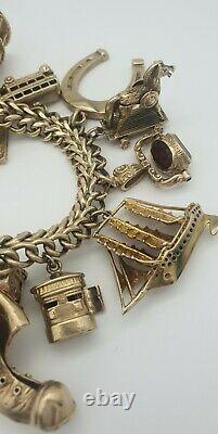 9ct Solid Yellow Gold Charm Bracelets Vintage Used 97.8g Bracelet with Charms