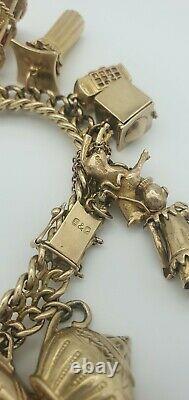 9ct Solid Yellow Gold Charm Bracelets Vintage Used 97.8g Bracelet with Charms