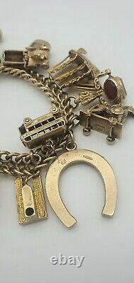 9ct Solid Yellow Gold Charm Bracelets Vintage Used 97.8g Bracelet with Charms