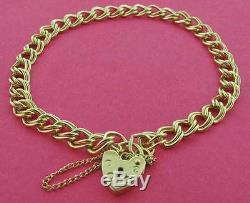 9ct Solid Yellow Gold Flat D/c Curb Link Charm Bracelet Heart Padlock Gift Box