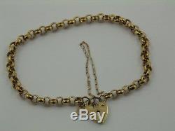 9ct Solid Yellow Gold Round Belcher Link Chain Bracelet & Heart Padlock 19.5cm I