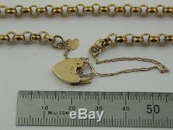 9ct Solid Yellow Gold Round Belcher Link Chain Bracelet & Heart Padlock 19.5cm I