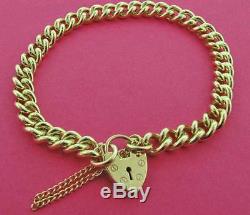 9ct Solid Yellow Gold Round D/c Curb Link Charm Bracelet Heart Padlock Charms