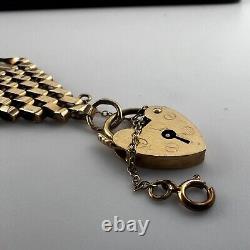 9ct Yellow Gold 8 Bar Gate Bracelet & Heart Padlock Safety Clasp 1975 Hallmarked
