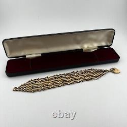 9ct Yellow Gold 8 Bar Gate Bracelet & Heart Padlock Safety Clasp 1975 Hallmarked