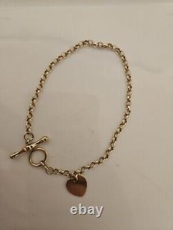 9ct Yellow Gold Bracelet Tbar Heart 7.5 Inch 4 Grams Fully Hallmarked