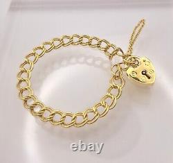 9ct Yellow Gold Double Link Charm Bracelet Heart Padlock 6.4mm UK Hallmark