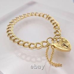 9ct Yellow Gold Double Link Charm Bracelet Heart Padlock 6.4mm UK Hallmark