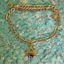 9ct Yellow Gold Garnet Fob 7.5 inch Figaro Bracelet