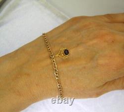 9ct Yellow Gold Garnet Fob 7.5 inch Figaro Bracelet