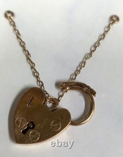 9ct Yellow Gold Gate Bracelet Padlock Heart clasp 15mm 2.9 grams Safety chain