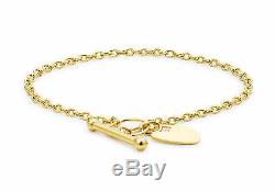 9ct Yellow Gold Heart T Bar Bracelet 18cm/7'' Inc Luxury Gift Box