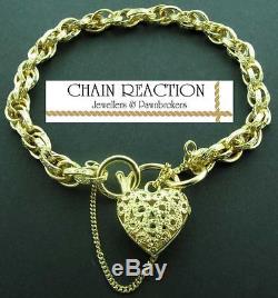 9ct Yellow Gold Rope Chain Link Charm Bracelet Heart Padlock Gift Box