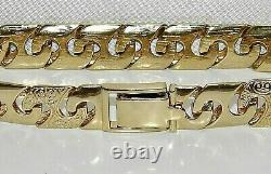 9ct Yellow Gold on Silver Men's Patterned Solid Curb Chain Bracelet 8.5 inch