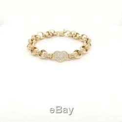 9ct yellow Gold solid heart Belcher link bracelet with whiteCZ 14.9 grams, 7.5