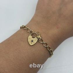 9ct yellow gold charm bracelet with love heart locket and safety chain 7.5 inch