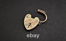 ANTIQUE VICTORIAN 9CT ROSE GOLD FLORAL ENGRAVED HEART PADLOCK PENDANT CLASP 4g
