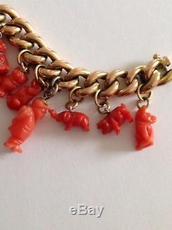 Amazing Victorian 9ct Rose Gold Curblink Bracelet With Carved Coral Charms