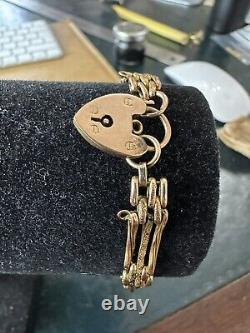 Antique 9Ct Textured Gold Shaped Gate Bracelet Heart Clasp 6.5gr 18Cm