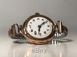 Antique 9ct 375 Yellow Gold ladies' Bracelet Watch. Circa 1920's. Porcelain Dial