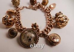 Antique 9ct Gold Victorian Etruscan Fob Charm Bracelet, Reverse Painted Dog Charm