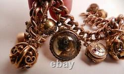 Antique 9ct Gold Victorian Etruscan Fob Charm Bracelet, Reverse Painted Dog Charm