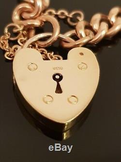 Antique 9ct Heavy Gold Curb Charm Bracelet with Vintage Heart Lock 23.1g #265