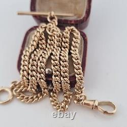 Antique 9ct Yellow Gold Double Albert Pocket Watch T-Bar Chain Necklace 375 35cm