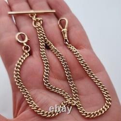 Antique 9ct Yellow Gold Double Albert Pocket Watch T-Bar Chain Necklace 375 35cm