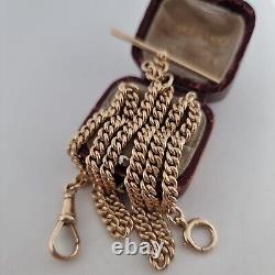 Antique 9ct Yellow Gold Double Albert Pocket Watch T-Bar Chain Necklace 375 35cm