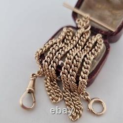 Antique 9ct Yellow Gold Double Albert Pocket Watch T-Bar Chain Necklace 375 35cm