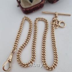 Antique 9ct Yellow Gold Double Albert Pocket Watch T-Bar Chain Necklace 375 35cm