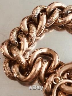 Antique 9ct rose gold patterned chunky charm bracelet Victorian 30g