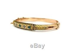 Antique Edwardian 9ct Rose Gold Emerald & Diamond Hinged Bangle Bracelet