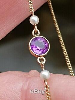 Antique-Edwardian-Superb 9ct Gold/Amethyst/Pearl Set Dainty Bracelet-circa 1905