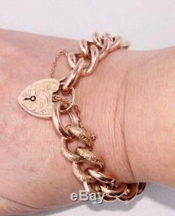 Antique Heavy 9ct Rose Gold Curb Link Chain Bracelet Heart Padlock. 30.66g c1890