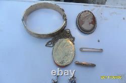 Antique Joblot Rolled Gold Bangle Locket 9ct Gold Brooch Earrings