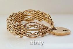 Antique Victorian 9ct Gold Gate Bracelet with Heart Padlock Clasp c1900 23.8g