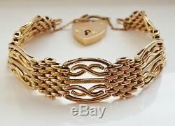 Antique Victorian 9ct Gold Gate Bracelet with Heart Padlock Clasp c1900 23.8g